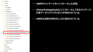 56
— LWRPのパッケージをインストールした状態。
— Library/PackageCacheにインストールしてあるパッケージ
の実データ（スクリプトなど）が収められている。
— LWRPは左図の赤枠のところに収められている。
 
