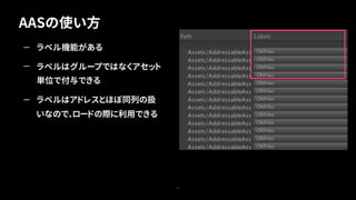 AASの使い方
11
— ラベル機能がある
— ラベルはグループではなくアセット
単位で付与できる
— ラベルはアドレスとほぼ同列の扱
いなので、ロードの際に利用できる
 