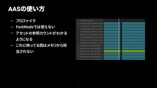 — プロファイラ
— FastModeでは使えない
— アセットの参照カウントがわかる
ようになる
— これに映ってる間はメモリから除
去されない
AASの使い方
21
 
