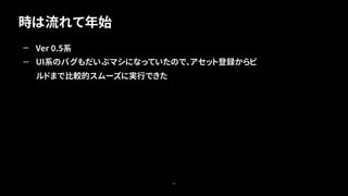 時は流れて年始
30
— Ver 0.5系
— UI系のバグもだいぶマシになっていたので、アセット登録からビ
ルドまで比較的スムーズに実行できた
 