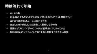 時は流れて年始
32
— Ver 0.5系
— UI系のバグもだいぶマシになっていたので、アセット登録からビ
ルドまで比較的スムーズに実行できた
— ただしAndroidとiOSの実機にて動作しなかった
— 意図せずプロバイダーのコードが削除されてしまっていた
— 起動時のAASイニシャライズに失敗し起動すらできない状態
 