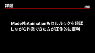 ModelもAnimationもセルルックを確認
しながら作業できた方が圧倒的に便利
課題 経緯
 