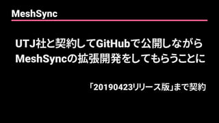 UTJ社と契約してGitHubで公開しながら
MeshSyncの拡張開発をしてもらうことに
「20190423リリース版」まで契約
MeshSync
 