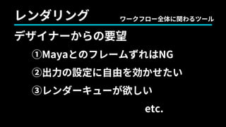 レンダリング
①MayaとのフレームずれはNG
②出力の設定に自由を効かせたい
③レンダーキューが欲しい
etc.
デザイナーからの要望
ワークフロー全体に関わるツール
 