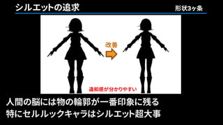 シルエットの追求 形状3ヶ条
人間の脳には物の輪郭が一番印象に残る
特にセルルックキャラはシルエット超大事
改善
違和感が分かりやすい
 