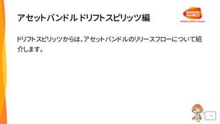 10
アセットバンドル ドリフトスピリッツ編
ドリフトスピリッツからは、アセットバンドルのリリースフローについて紹
介します。
 
