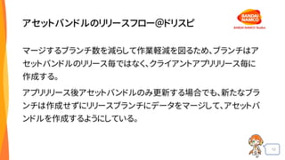 12
アセットバンドルのリリースフロー＠ドリスピ
マージするブランチ数を減らして作業軽減を図るため、ブランチはア
セットバンドルのリリース毎ではなく、クライアントアプリリリース毎に
作成する。
アプリリリース後アセットバンドルのみ更新する場合でも、新たなブラ
ンチは作成せずにリリースブランチにデータをマージして、アセットバ
ンドルを作成するようにしている。
 
