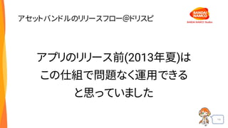 14
アセットバンドルのリリースフロー＠ドリスピ
アプリのリリース前(2013年夏)は
この仕組で問題なく運用できる
と思っていました
 