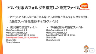 30
ビルド対象のフォルダを指定した設定ファイル
• アセットバンドルをビルドする際、ビルド対象とするフォルダを指定し
た設定ファイルを用意（テキストファイル）
• 開発用の設定ファイル
MainQuest/Quest_1_1
MainQuest/Quest_2_1
EventQuest/Event_2018_Xmas
EventQuest/Event_2019_NewYear
Chara/Ickx
Chara/Mileena
• 本番配信用の設定ファイル
MainQuest/Quest_1_1
MainQuest/Quest_2_1
EventQuest/Event_2018_Xmas
Chara/Ickx
Chara/Mileena
 