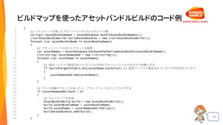 36
ビルドマップを使ったアセットバンドルビルドのコード例
1
2
3
4
5
6
7
8
9
10
11
12
13
14
15
16
17
18
19
20
21
22
23
24
25
26
27
28
{
// ビルドマップを使ったアセットバンドルビルドのコード例
string[] assetBundleNames = AssetDatabase.GetAllAssetBundleNames();
List<AssetBundleBuild> buildAssetBundles = new List<AssetBundleBuild>();
foreach (var assetBundleName in assetBundleNames)
{
// アセットバンドル名からアセットを取得
var assetNames = AssetDatabase.GetAssetPathsFromAssetBundle(assetBundleName);
List<string> assetNamesAdd = new List<string>();
foreach (var assetName in assetNames)
{
// 設定ファイルで指定されているフォルダ内のアセットバンドルのみビルド対象とする
if (buildTargetFolders.Any(assetName.Contains)) // 設定ファイルに指定されているパスが含まれている？
{
assetNamesAdd.Add(assetName);
}
}
// ビルド対象のアセットがあったら、アセットバンドルとしてビルドする
if (assetNamesAdd.Count > 0)
{
// ビルドマップを作成
AssetBundleBuild build = new AssetBundleBuild();
build.assetBundleName = assetBundleName;
build.assetNames = assetNamesAdd.ToArray();
buildAssetBundles.Add(build);
}
}
 
