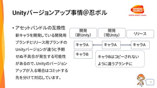 70
Unityバージョンアップ事情＠忍ボル
• アセットバンドルの互換性
開発
（新Unity） リリース
キャラA
キャラB
キャラA
キャラBはコピーされない
ように違うブランチに
開発
（現Unity）
キャラA
新キャラを開発している開発用
ブランチとリリース用ブランチの
Unityバージョンが違うと予期
せぬ不具合が発生する可能性
があるので、Unityのバージョン
アップが入る場合はコミットする
先を分けて対応しています。
 