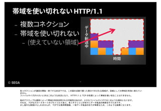 各コネクションが通信を開始・終了する状況下では、この図の点線で囲った部分で示される領域が、回線としての帯域を有効に使えてい
ません。
ファイルサイズが小さいときはこのような状況となり、 HTTP/1.1 と TCP の性質によって帯域を使い切ることはできません。
他のアクティブな通信によって帯域を有効活用される可能性はあるが、小さなファイルサイズではこのような傾向となります。
それは、 TCPはスロースタートのプロトコルであり、各コネクションが別々にデータ転送の制御を行うためです。
少し強引な表現かもしれませんが、 TCPでは長時間接続、一括データ転送のほうが得意なため、このような結果になります。
 
