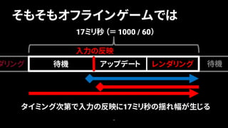 そもそもオフラインゲームでは
48
タイミング次第で入力の反映に17ミリ秒の揺れ幅が生じる
17ミリ秒 （＝ 1000 / 60）
アップデート レンダリング待機ダリング 待機
入力の反映
 