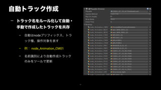 自動トラック作成
44
— トラック名をルール化して自動・
手動で作成したトラックを共存
– 自動はnodeプリフィックス、トラ
ック種、操作対象を表す
– 例： node_Animation_CM01
– 名前識別により自動作成トラック
のみをツールで更新
 