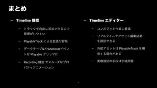 まとめ
58
— Timeline 機能
– トラックを自由に追加できるので
管理がしやすい
– PlayableTrack による拡張が容易
– データテーブルやAnimatorイベン
トは Playable クリップに
– Recording 機能 でスムーズなプロ
パティアニメーション
— Timeline エディター
– コンポジット作業に最適
– リアルタイムでアセット編集結果
を確認できる
– 外部アセットは PlayableTrack を用
意する場合がある
– 実機確認の手段は別途用意
 