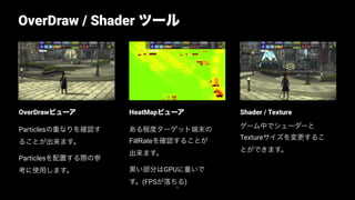 63
OverDraw / Shader ツール
Replace with image
Shader / Texture
ゲーム中でシェーダーと
Textureサイズを変更するこ
とができます。
HeatMapビューア
ある程度ターゲット端末の
FillRateを確認することが
出来ます。
黒い部分はGPUに重いで
す。(FPSが落ちる)
OverDrawビューア
Particlesの重なりを確認す
ることが出来ます。
Particlesを配置する際の参
考に使用します。
 