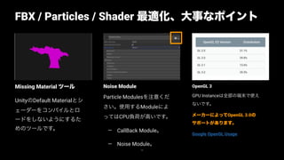 OpenGL 3
GPU Instanceは全部の端末で使え
ないです。
メーカーによってOpenGL 3.0の
サポートがあります。
Google OpenGL Usage
Noise Module
Particle Modulesを注意くだ
さい。使用するModuleによ
ってはCPU負荷が高いです。
— CallBack Module。
— Noise Module。
Missing Material ツール
UnityのDefault Materialとシ
ェーダーをコンパイルとロ
ードをしないようにするた
めのツールです。
FBX / Particles / Shader 最適化、大事なポイント
74
Replace with image
 