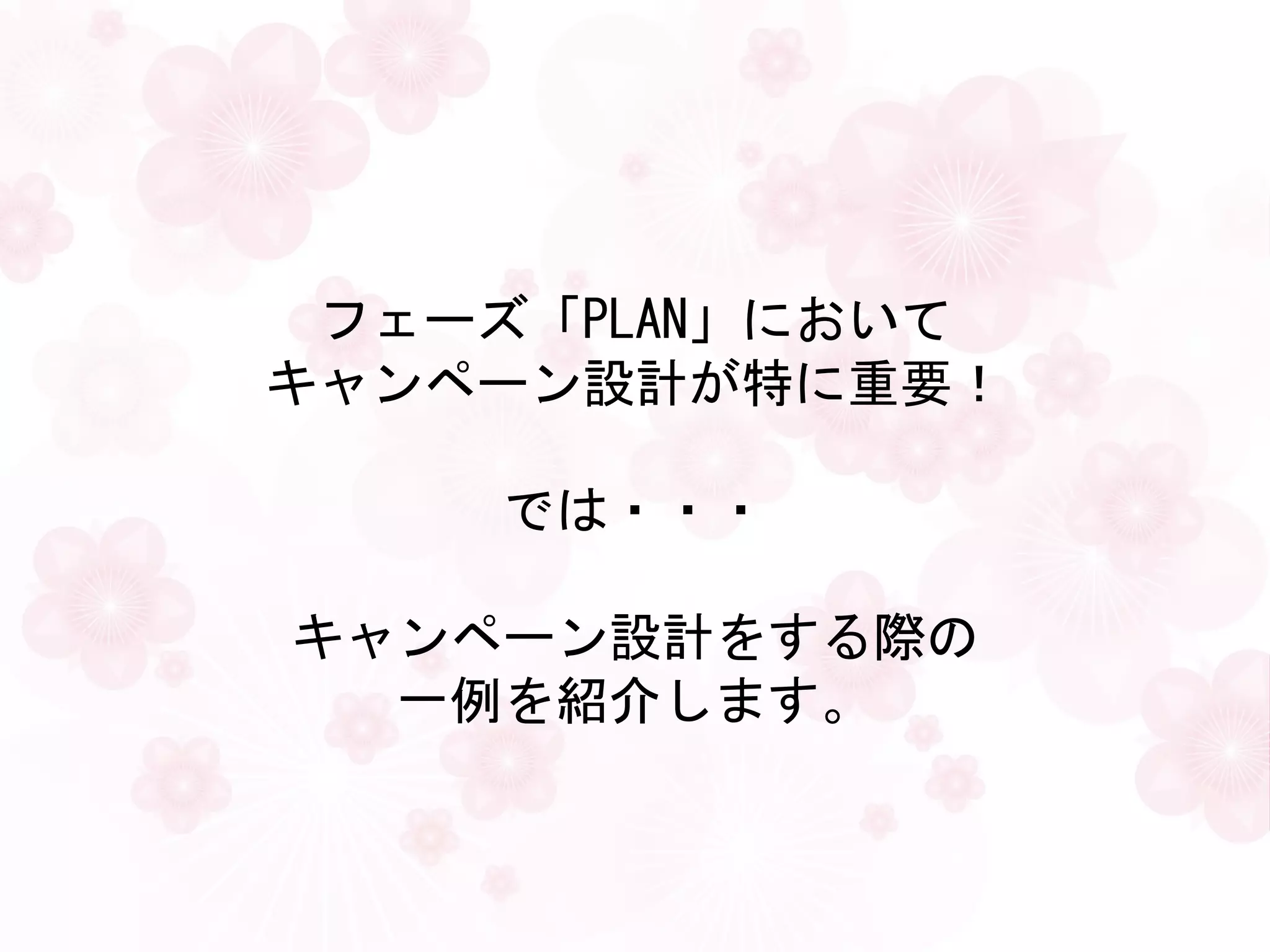 フェーズ「PLAN」において
キャンペーン設計が特に重要！

    では・・・

キャンペーン設計をする際の
  一例を紹介します。
 