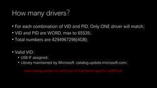 How many drivers？
• For each combination of VID and PID, Only ONE driver will match；
• VID and PID are WORD, max to 65535；
• Total numbers are 4294967296(4GB);
• Valid VID：
• USB IF assigned；
• Library maintained by Microsoft :catalog.update.microsoft.com；
www.catalog.update.microsoft.com/v7/site/Search.aspx?q=usb%5Cvid_
 