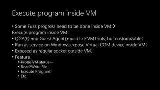 Execute program inside VM
• Some Fuzz progress need to be done inside VM→
Execute program inside VM；
• QGA(Qemu Guest Agent),much like VMTools, but customizable；
• Run as service on Windows,expose Virtual COM device inside VM；
• Exposed as regular socket outside VM；
• Feature：
• Probe VM status；
• Read/Write File；
• Execute Program；
• Etc.
 