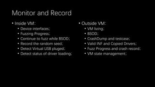 Monitor and Record
• Inside VM：
• Device interfaces；
• Fuzzing Progress；
• Continue to fuzz while BSOD；
• Record the random seed；
• Detect Virtual USB pluged；
• Detect status of driver loading；
• Outside VM：
• VM living；
• BSOD；
• CrashDump and testcase；
• Valid INF and Copied Drivers；
• Fuzz Progress and crash record；
• VM state management；
 