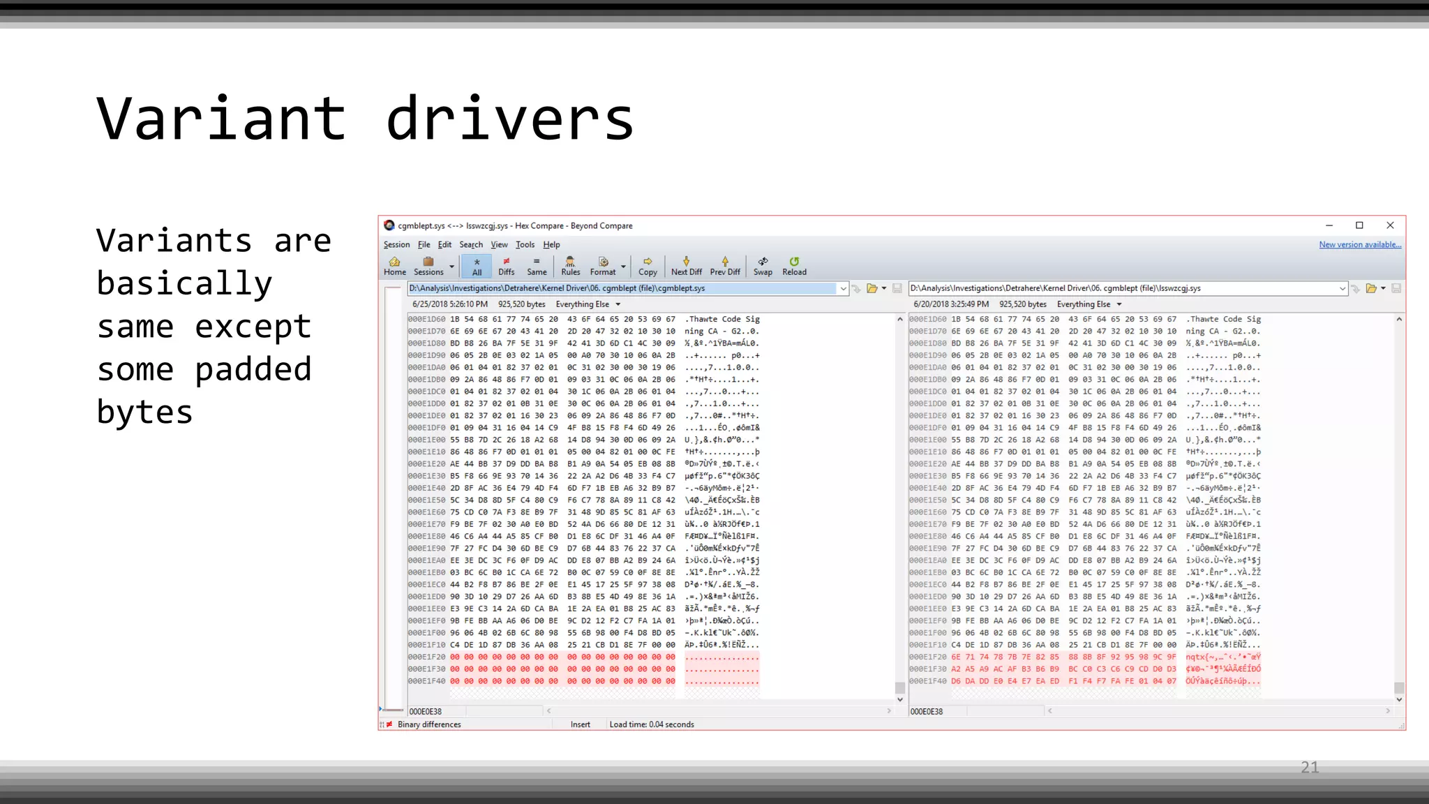 Variant drivers
Variants are
basically
same except
some padded
bytes
21
 