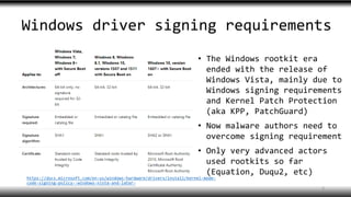 Windows driver signing requirements
https://docs.microsoft.com/en-us/windows-hardware/drivers/install/kernel-mode-
code-signing-policy--windows-vista-and-later-
• The Windows rootkit era
ended with the release of
Windows Vista, mainly due to
Windows signing requirements
and Kernel Patch Protection
(aka KPP, PatchGuard)
• Now malware authors need to
overcome signing requirement
• Only very advanced actors
used rootkits so far
(Equation, Duqu2, etc)
3
 