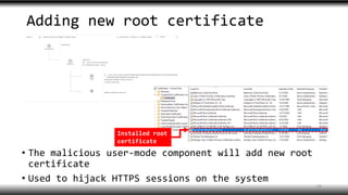 Adding new root certificate
• The malicious user-mode component will add new root
certificate
• Used to hijack HTTPS sessions on the system
54
Installed root
certificate
 