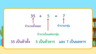 35 ÷ 5 = 7
จานวนทั้งหมด
จานวนในแต่ละกลุ่ม
จานวนกลุ่ม
35 เป็นตัวตั้ง 5 เป็นตัวหาร และ 7 เป็นผลหาร
 