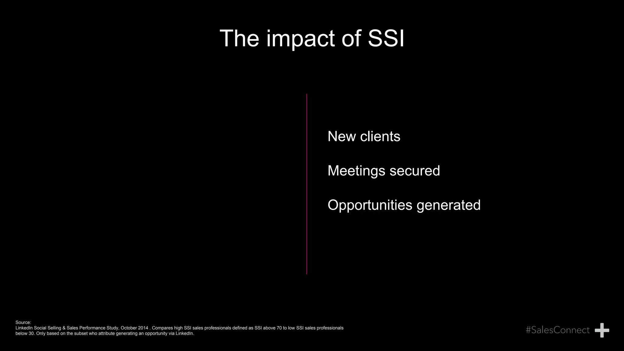 The impact of SSI
New clients
Meetings secured
Opportunities generated
Source:
LinkedIn Social Selling & Sales Performance Study, October 2014 . Compares high SSI sales professionals defined as SSI above 70 to low SSI sales professionals
below 30. Only based on the subset who attribute generating an opportunity via LinkedIn.
 