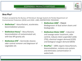 Bros Plus®
Product accepted by the Bureau of Petroleum Storage Systems & Florida Department of
Environmental Protection (2010) and USDA LABEL BIOPREFFERD PROGRAM
• BioDeclean® - biosurfactant, accelerates
bioremediation process
• BioDeclean Heavy® - Biosurfactant,
bioremediation of contaminated soil,
with low API gravity oils
• BioDeclean 470® - Germicide cleaner,
odor control remover and degreaser of
vegetable oils
• BioDeclean 1040® - Potent
Biodegreaser of dual action cleans and
biodegrades
• BioDeclean Water 5000® - Industrial
and sewage water treatment, odor
control, reduces total suspended solids
(TSS), chemical oxygen demand (COD)
and biological oxygen demand (BOD)
• BrosPlus® - 100% organic biosurfactant,
bioremediation, restores eco-system
and eliminates contamination in
water/soils
PPPOP
G&
CECOFRIENDLY PRODUCTS PORTFOLIO
 