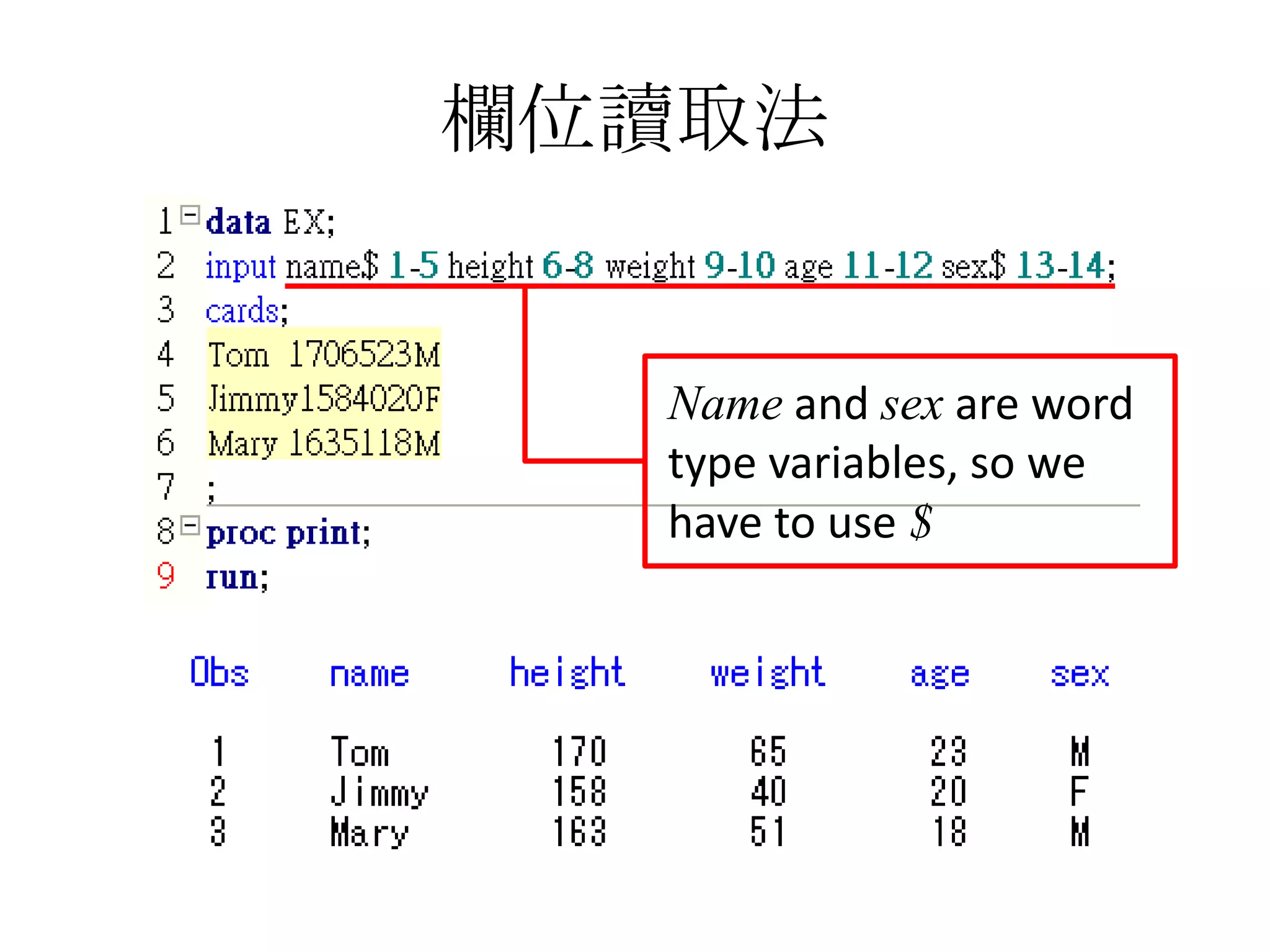 欄位讀取法


  Name and sex are word
  type variables, so we
  have to use $
 