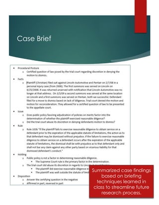 Case Brief
Summarized case findings
based on briefing
techniques learned in
class to streamline future
research process.
 