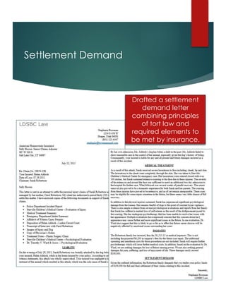Settlement Demand
Drafted a settlement
demand letter
combining principles
of tort law and
required elements to
be met by insurance.
 