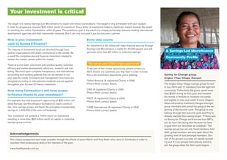 Your investment is critical
How is your investment
used by Access 2 Finance?
The majority of investment funds are directed through local
partner organizations with direct connections to the market. As
a result the competencies and financial investment needed to
sustain the market, remain within the market.
There is a core team concerned with product quality, business
efficacy and market development, advocacy, research and mar-
keting. We insist upon complete transparency and international
accounting and auditing systems that can be tailored to suit
your specific needs. Contracts and management structures are
designed according to international standards and are applied
throughout your Access 2 Finance investment.
How many Cambodian’s will have access
to finance thanks to your investment?
For example, the total investment opportunity of $30 million will
allow Savings-Led Microfinance facilitators to reach communi-
ties, form savings groups and teach the principles of sustainable
savings to 1,000,000 of the poor in Cambodia.
This investment will achieve a 100% return on investment
resulting in more than $60 million worth of capital in collective
savings group control.
Every step counts
An investment of $1 million will make financial security through
Savings-Led Microfinance a reality for 30,000 people and will
generate more than $2 million in collective savings.
You can be part of this unique opportunity
To be part of this unique opportunity, please contact us.
We’ll answer any questions you may have in order to know
this is the investment opportunity you’re seeking.
Oxfam America (A registered Charity in USA)
Phnom Penh contact details
CRS (A registered Charity in USA)
Phnom Penh contact details
PACT (A registered Charity in USA)
Phnom Penh contact details
CARE International (A registered Charity in USA)
Phnom Penh contact details
Saving for Change group,
Angkor Chey Village, Kampot
The Angkor Chey Village savings group formed
in July 2010 with 11 members from the tight knit
community. Collectively the group saved more
than $500 during its first cycle and invested
the money in fertilizer to increase rice yields
and piglets to raise and resell. 9 more villagers
observed positive livelihood changes amongst
group members and joined the group at the be-
ginning of the second cycle. The group is only
halfway through their second cycle and they’ve
already reached their saving target. “If there was
no Saving for Change we’d borrow from MFI’s,
but we don’t like doing that because we have
to give them our land titles as collateral.” The
savings group has not only freed members from
debt, group members are very open about the
growing level of trust amongst members. Sto-
ries of the group’s success are rapidly spread-
ing and 4 more people have already asked to
join the group when the third cycle begins.
A Savings-Led Microfinance
Community Profile
Acknowledgements
This unique prospectus was made possible through the efforts of Jason Martin and Amy Robin who came to Cambodia in order to
volunteer their professional skills in the interests of the poor.
www.healthywords.com.au
The target is to extend Savings-Led Microfinance to reach one million Cambodians. This target is very achievable with your support.
In total the prospectus requires $30 million worth of investment. Every dollar of investment makes a significant impact towards the target
of reaching one million Cambodians within 6 years. This ambitious goal is the result of a unique partnership between leading international
development agencies and their nationwide networks. But it can only succeed if you too become a partner.
 