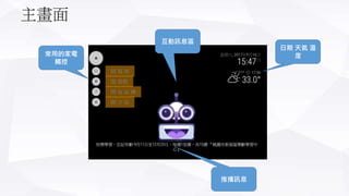 主畫面
常用的家電
觸控
互動訊息區
日期 天氣 溫
度
推播訊息
 