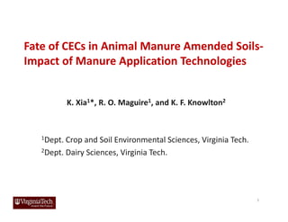 Fate of CECs in Animal Manure Amended Soils‐
Impact of Manure Application Technologies
K. Xia1*, R. O. Maguire1, and K. F. Knowlton2
1Dept. Crop and Soil Environmental Sciences, Virginia Tech.
2Dept. Dairy Sciences, Virginia Tech.
1
 