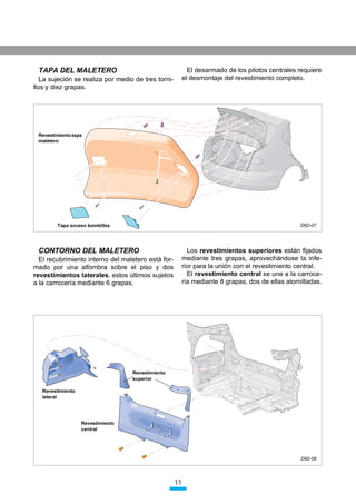 CARROCERÍA

   3,(=$6 '( +$3$
   3DUD HO DQiOLVLV GH ODV QRYHGDGHV HQ OD FDUUR
FHUtD VH HVWXGLDUiQ LQGLYLGXDOPHQWH ODV SDUWHV
PRGLILFDGDV UHVSHFWR DO ,EL]D µ GH  SXHUWDV
    (O SLVR KD VLGR SURORQJDGR D SDUWLU GH OD EDQ
TXHWD GH ORV DVLHQWRV WUDVHURV SDUD REWHQHU HO
DXPHQWR GH OD ORQJLWXG WRWDO SDUD HOOR WDPELpQ
VH KDQ PRGLILFDGR ORV ODUJXHURV SRVWHULRUHV
DxDGLHQGR XQRV SURORQJDGRUHV VROGDGRV
    (O WHFKR  OD WUDYLHVD VXSHULRU KDQ VLGR
DGDSWDGRV SDUD OD UHFHSFLyQ GH OD OXQHWD SRVWH
ULRU
    (O IODQFR ODWHUDO WUDV OD SXHUWD SRVWHULRU  VXV
UHIXHU]RV LQWHUQRV VRQ GH QXHYR GLVHxR DGDS
WiQGRVH D OD QXHYD IRUPD GH ORV SLORWRV  GH OD
ERFD GH FDUJD GH FRPEXVWLEOH
   /RV SLODUHV   ' VH KDQ PRGLILFDGR HQ EDVH D
OD QXHYD FRQILJXUDFLyQ GH OD EDQGHMD SRVWHULRU 
OD OXQHWD
    /D HVWUXFWXUD GH OD EDQGHMD SRVWHULRU HVWi
IRUPDGD SRU
     • UHIXHU]RV ODWHUDOHV HQ ODV WRUUHWDV
     • WUDYLHVD GH UHIXHU]R DQWHULRU HQWUH WRUUHWDV
     • VRSRUWH GH OD EDQGHMD
     • WUDYLHVD SRVWHULRU GLVHxDGD SDUD OD UHFHS
     FLyQ GH OD OXQHWD DVt FRPR YLHUWHDJXDV GH OD
     SDUWH VXSHULRU GHO PDOHWHUR
   /D WDSD GHO PDOHWHUR DXQTXH HVWUXFWXUDO
PHQWH HVWi FRQVWLWXLGD SRU YDULDV SLH]DV D QLYHO
GH UHSDUDFLyQ VyOR VH RIUHFH FRPR SLH]D ~QLFD
   /D WDSD GLVSRQH GH GRV ELVDJUDV TXH SHUPL
WHQ XQD Pi[LPD DSHUWXUD GH OD PLVPD D OD YH]
TXH RFXSDQ XQ UHGXFLGR HVSDFLR
   (O DMXVWH GH OD WDSD FRQ OD FDUURFHUtD VH UHD
OL]D PHGLDQWH ORV FROLVRV TXH WLHQHQ WRGRV ORV
WRUQLOORV GH ODV ELVDJUDV
   (O HQVDPEODMH GH OD FDUURFHUtD DO LJXDO TXH HQ
HO ,EL]D µ XWLOL]D QXPHURVRV WLSRV GH VROGDGXUD          )ODQFR ODWHUDO
VLHQGR OD PiV HPSOHDGD OD VROGDGXUD SRU SXQWRV
GH UHVLVWHQFLD
   (Q OD SDUWH SRVWHULRU VH KDQ HPSOHDGR WDPELpQ
VROGDGXUDV GH ODWyQ  OiVHU




                                                        8
 