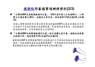 9
 「台灣cGMP生物製劑廠運作計畫」 102年度所需人力高達95人，人事
費占計畫經費之49％，金額及比率均高，凍結預算1/10(決議10) (決議
12)
該廠人事費為維持符合藥品優良製造規範(cGMP)之基本營運能力所需，
以承接卡介苗及抗蛇毒血清後續供應、緊急備用疫苗製造、及扶植國內
疫苗廠商發展。目前該廠統籌人力為70名。
 「台灣cGMP生物製劑廠運作計畫」缺乏具體生產計畫，預期效益與量
化指標不明，凍結預算1/10 (決議11) (決議13)
國衛院cGMP生物製劑廠102年已規劃進行卡介苗及抗蛇毒血清產製設施
確效、流感及腸病毒疫苗技轉廠商輔導、呼吸道融合疫苗產學合作開發、
B型腦膜炎疫苗人體臨床試驗申請等多項具體計畫。
國衛院待審議事項辦理情形(2/3)
 