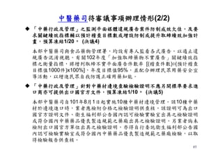 27
 「中藥行政及管理」之監測平面媒體違規廣告案件防制成效欠佳，及要
求關鍵績效指標輔以預計稽查目標數或增設防制或提升取締績效加強計
畫，預算凍結1/20。 (決議4)
本部中醫藥司與食品藥物管理署，均設有專人監看各式廣告，以遏止違
規廣告混淆視聽。有關102年度「加強取締藥物不實廣告」關鍵績效指
標之衡量指標，將增列取締不實平面廣告件數率 [(稽查件數)÷(預計稽查
目標值1000件)x100%]，年度目標值95%，並配合辦理民眾用藥安全宣
導活動，以增進民眾自我防護正確用藥知能。
 「中藥行政及管理」針對中藥材邊境查驗檢驗證明不應另開標準要求進
口商亦可提供出口國官方文件，預算凍結1/10。 (決議5)
本部中醫藥司自101年8月1日起實施10種中藥材邊境管理。該10種中藥
材於邊境進口時，業者應檢附合格之檢驗證明供查核，該證明可為出口
國官方證明文件、衛生福利部公告國內認可檢驗實驗室出具之檢驗證明
或符合國內中藥藥品優良製造規範之藥廠出具之檢驗證明。另業者倘未
檢附出口國官方單位出具之檢驗證明，亦得自行委託衛生福利部公告國
內認可檢驗實驗室或符合國內中藥藥品優良製造規範之藥廠檢驗，以取
得檢驗報告供查核。
中醫藥司待審議事項辦理情形(2/2)
 
