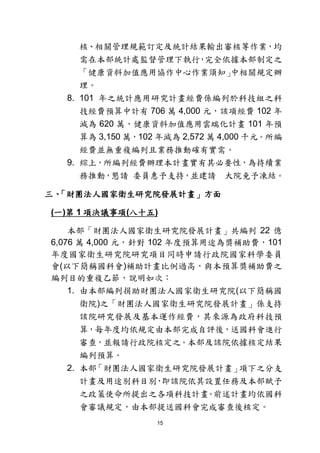 15
核、相關管理規範訂定及統計結果輸出審核等作業，均
需在本部統計處監督管理下執行，完全依據本部制定之
「健康資料加值應用協作中心作業須知」中相關規定辦
理。
8. 101 年之統計應用研究計畫經費係編列於科技組之科
技經費預算中計有 706 萬 4,000 元，該項經費 102 年
減為 620 萬，健康資料加值應用雲端化計畫 101 年預
算為 3,150 萬，102 年減為 2,572 萬 4,000 千元。所編
經費並無重複編列且業務推動確有實需。
9. 綜上，所編列經費辦理本計畫實有其必要性，為持續業
務推動，懇請 委員惠予支持，並建請 大院免予凍結。
三、「財團法人國家衛生研究院發展計畫」方面
(一)第 1 項決議事項(八十五)
本部「財團法人國家衛生研究院發展計畫」共編列 22 億
6,076 萬 4,000 元，針對 102 年度預算用途為獎補助費，101
年度國家衛生研究院研究項目同時申請行政院國家科學委員
會(以下簡稱國科會)補助計畫比例過高，與本預算獎補助費之
編列目的重複乙節，說明如次：
1. 由本部編列捐助財團法人國家衛生研究院(以下簡稱國
衛院)之「財團法人國家衛生研究院發展計畫」係支持
該院研究發展及基本運作經費，其來源為政府科技預
算，每年度均依規定由本部完成自評後，送國科會進行
審查，並報請行政院核定之。本部及該院依據核定結果
編列預算。
2. 本部「財團法人國家衛生研究院發展計畫」項下之分支
計畫及用途別科目別，即該院依其設置任務及本部賦予
之政策使命所提出之各項科技計畫。前述計畫均依國科
會審議規定，由本部提送國科會完成審查後核定。
 