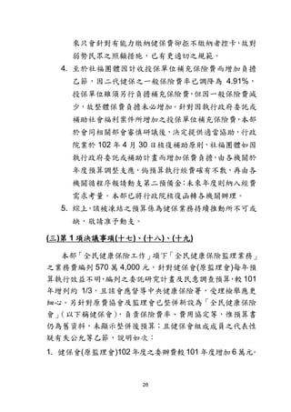 28
來只會針對有能力繳納健保費卻拒不繳納者控卡，故對
弱勢民眾之照顧措施，已有更適切之規範。
4. 至於社福團體因計收投保單位補充保險費而增加負擔
乙節，因二代健保之一般保險費率已調降為 4.91%，
投保單位雖須另行負擔補充保險費，但因一般保險費減
少，故整體保費負擔未必增加。針對因執行政府委託或
補助社會福利案件所增加之投保單位補充保險費，本部
於會同相關部會審慎研議後，決定提供適當協助，行政
院業於 102 年 4 月 30 日核復補助原則，社福團體如因
執行政府委託或補助計畫而增加保費負擔，由各機關於
年度預算調整支應，倘預算執行經費確有不敷，再由各
機關循程序報請動支第二預備金；未來年度則納入經費
需求考量。本部已將行政院核復函轉各機關辦理。
5. 綜上，該被凍結之預算係為健保業務持續推動所不可或
缺，敬請准予動支。
(三)第 1 項決議事項(十七)、(十八)、(十九)
本部「全民健康保險工作」項下「全民健康保險監理業務」
之業務費編列 570 萬 4,000 元，針對健保會(原監理會)每年預
算執行效益不明，編列之委託研究計畫及民意調查預算，較 101
年增列約 1/3，且該會應督導中央健康保險署，受理檢舉應更
細心。另針對原費協會及監理會已整併新設為「全民健康保險
會」（以下稱健保會），負責保險費率、費用協定等，惟預算書
仍為舊資料，未顯示整併後預算；且健保會組成成員之代表性
疑有失公允等乙節，說明如次：
1. 健保會(原監理會)102 年度之委辦費較 101 年度增加 6 萬元。
 