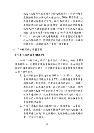 33
規定，政府每年度負擔本保險之總經費，不得少於每年
度保險經費扣除法定收入後金額之 36%，102 年度「政
府應負擔健保費法定下限」編列 145 億元。依全民健
康保險法施行細則第 50 條規定，政府應負擔保險費由
保險人(中央健康保險署)核計，於當年 1 月底及 7 月底
預撥，並按年結算。如有撥付不足，於年底結算時撥補。
3. 綜上，二代健保之收支連動機制，未來會整體考量健保
收入和醫療給付，依照法定程序提出適當費率，以確保
財務平衡，本案敬請惠予支持，准予動支。
六、「一般行政」計畫方面
(一)第 1 項決議事項(九十)
本部「一般行政」項下「基本行政工作維持」編列 9,473
萬 6,000 元，針對國會議員索取問政所需資料時，惟本部竟出
現資料回覆時間拖延甚久、不予理會委員口頭交辦事項等情形
乙節，說明如次：
1. 查本部賴前副署長進祥於 101 年 11 月 22 日 大院社
會福利及衛生環境委員會第 23 次全體委員會議審議本
部預算時，即有說明，所有委員要求的資料，一個禮拜
之內提供，如果因再蒐集、再分析統計，不能在一周內
提供的話，也會即時告知委員辦公室。將來如果部分單
位沒有遵照辦理，就由本部國會聯絡組來追蹤、處理，
本部並已於部務會議再三重申這項規定，並請各單位應
予落實辦理在案。
2. 另查「基本行政工作維持計畫」，係秘書處、人事處、
會計處、政風處、法規會等輔助單位所編列之經費，主
要係因應改制為「衛生福利部」及進駐衛生福利大樓所
需，可分以下科目：
 