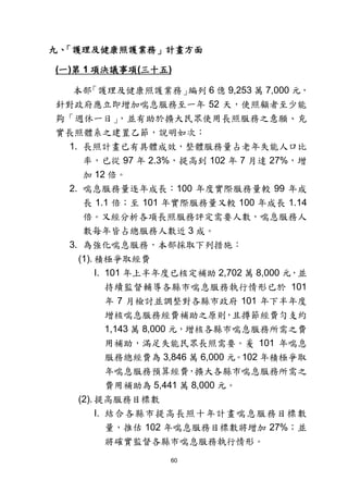 60
九、「護理及健康照護業務」計畫方面
(一)第 1 項決議事項(三十五)
本部「護理及健康照護業務」編列 6 億 9,253 萬 7,000 元，
針對政府應立即增加喘息服務至一年 52 天，使照顧者至少能
夠「週休一日」，並有助於擴大民眾使用長照服務之意願、充
實長照體系之建置乙節，說明如次：
1. 長照計畫已有具體成效，整體服務量占老年失能人口比
率，已從 97 年 2.3%，提高到 102 年 7 月達 27%，增
加 12 倍。
2. 喘息服務量逐年成長：100 年度實際服務量較 99 年成
長 1.1 倍；至 101 年實際服務量又較 100 年成長 1.14
倍。又經分析各項長照服務評定需要人數，喘息服務人
數每年皆占總服務人數近 3 成。
3. 為強化喘息服務，本部採取下列措施：
(1). 積極爭取經費
I. 101 年上半年度已核定補助 2,702 萬 8,000 元，並
持續監督輔導各縣市喘息服務執行情形已於 101
年 7 月檢討並調整對各縣市政府 101 年下半年度
增核喘息服務經費補助之原則，且撙節經費勻支約
1,143 萬 8,000 元，增核各縣市喘息服務所需之費
用補助，滿足失能民眾長照需要。爰 101 年喘息
服務總經費為 3,846 萬 6,000 元。102 年積極爭取
年喘息服務預算經費，擴大各縣市喘息服務所需之
費用補助為 5,441 萬 8,000 元。
(2). 提高服務目標數
I. 結合各縣市提高長照十年計畫喘息服務目標數
量，推估 102 年喘息服務目標數將增加 27%；並
將確實監督各縣市喘息服務執行情形。
 