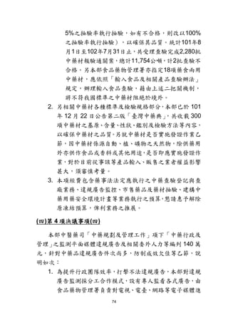 74
5%之抽驗率執行抽驗，如有不合格，則改以100%
之抽驗率執行抽驗），以確保其品質。統計101年8
月1日至102年7月31日止，共受理查驗完成2,280批
中藥材報驗通關案，總計11,754公噸，計2批查驗不
合格。另本部食品藥物管理署亦指定18項藥食兩用
中藥材，應依照「輸入食品及相關產品查驗辦法」
規定，辦理輸入食品查驗，藉由上述二把關機制，
將不符我國標準之中藥材阻絕於境外。
2. 另相關中藥材各種標準及檢驗規格部分，本部已於 101
年 12 月 22 日公告第二版「臺灣中藥典」，共收載 300
項中藥材之基原、含量、性狀、鑑別及檢驗方法等內容，
以確保中藥材之品質。另就中藥材是否實施發證作業乙
節，因中藥材係源自動、植、礦物之天然物，除供藥用
外亦供作食品或香料或其他用途，是否即應實施發證作
業，對於目前從事該等產品輸入、販售之業者權益影響
甚大，須審慎考量。
3. 本項經費包含藥事法法定應執行之中藥查驗登記與查
廠業務、違規廣告監控、市售藥品及藥材抽驗、建構中
藥用藥安全環境計畫等業務執行之預算，懇請惠予解除
原凍結預算，俾利業務之推展。
(四)第 4 項決議事項(四)
本部中醫藥司「中藥規劃及管理工作」項下「中藥行政及
管理」之監測平面媒體違規廣告及相關委外人力等編列 140 萬
元，針對中藥品違規廣告件次尚多，防制成效欠佳等乙節，說
明如次：
1. 為提升行政團隊效率，打擊不法違規廣告，本部對違規
廣告監測採分工合作模式，設有專人監看各式廣告，由
食品藥物管理署負責對電視、電臺、網路等電子媒體進
 