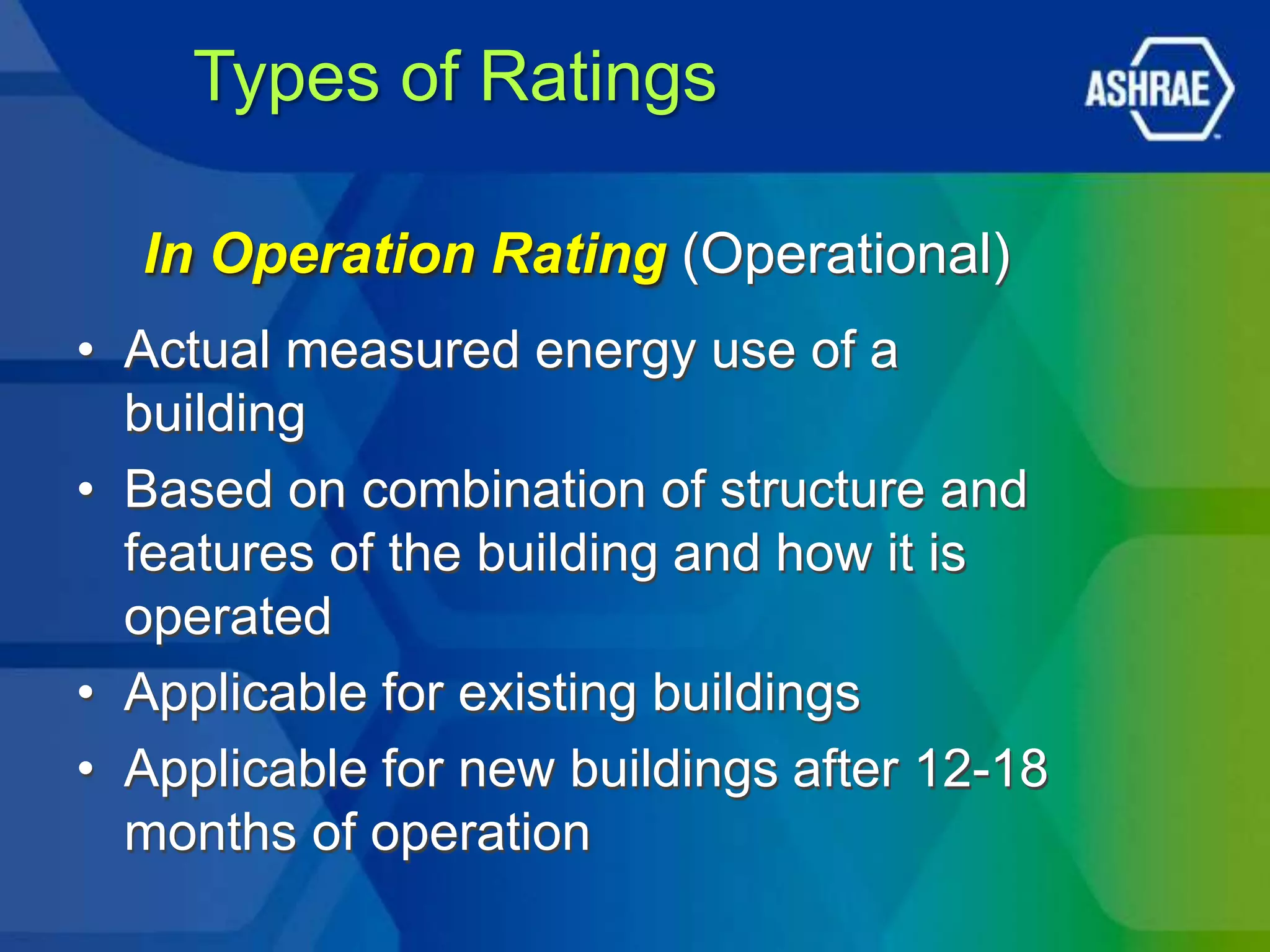 Types of Ratings

  In Operation Rating (Operational)
• Actual measured energy use of a
  building
• Based on combination of structure and
  features of the building and how it is
  operated
• Applicable for existing buildings
• Applicable for new buildings after 12-18
  months of operation
 