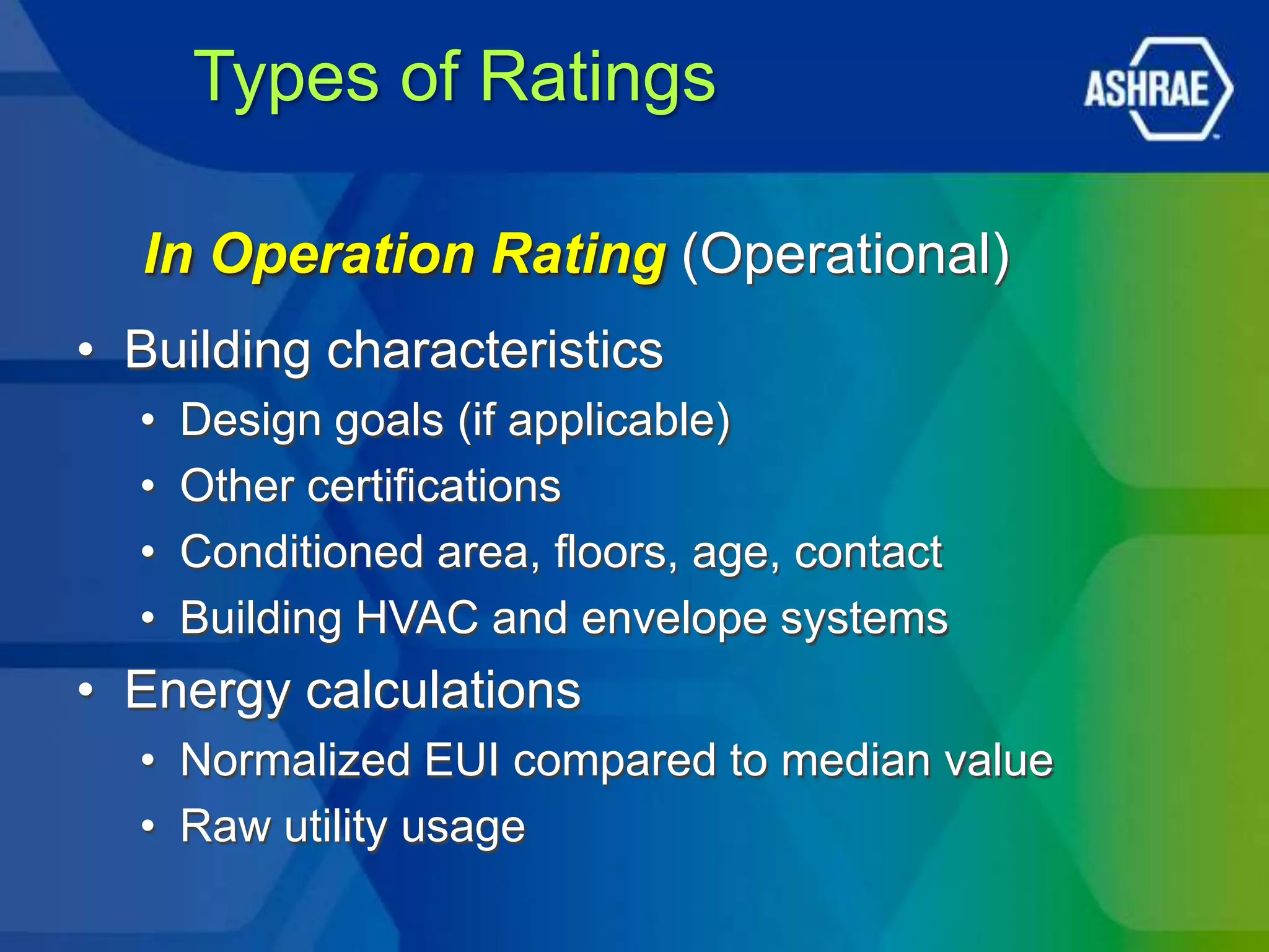 Types of Ratings

  In Operation Rating (Operational)
• Building characteristics
  •   Design goals (if applicable)
  •   Other certifications
  •   Conditioned area, floors, age, contact
  •   Building HVAC and envelope systems
• Energy calculations
  • Normalized EUI compared to median value
  • Raw utility usage
 