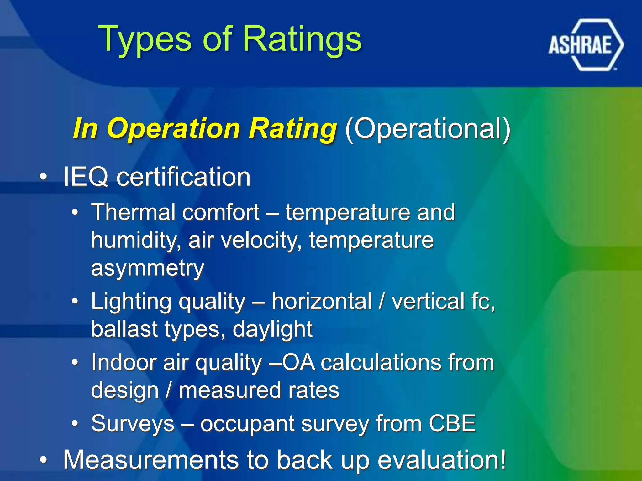 Types of Ratings

   In Operation Rating (Operational)
• IEQ certification
  • Thermal comfort – temperature and
    humidity, air velocity, temperature
    asymmetry
  • Lighting quality – horizontal / vertical fc,
    ballast types, daylight
  • Indoor air quality –OA calculations from
    design / measured rates
  • Surveys – occupant survey from CBE
• Measurements to back up evaluation!
 