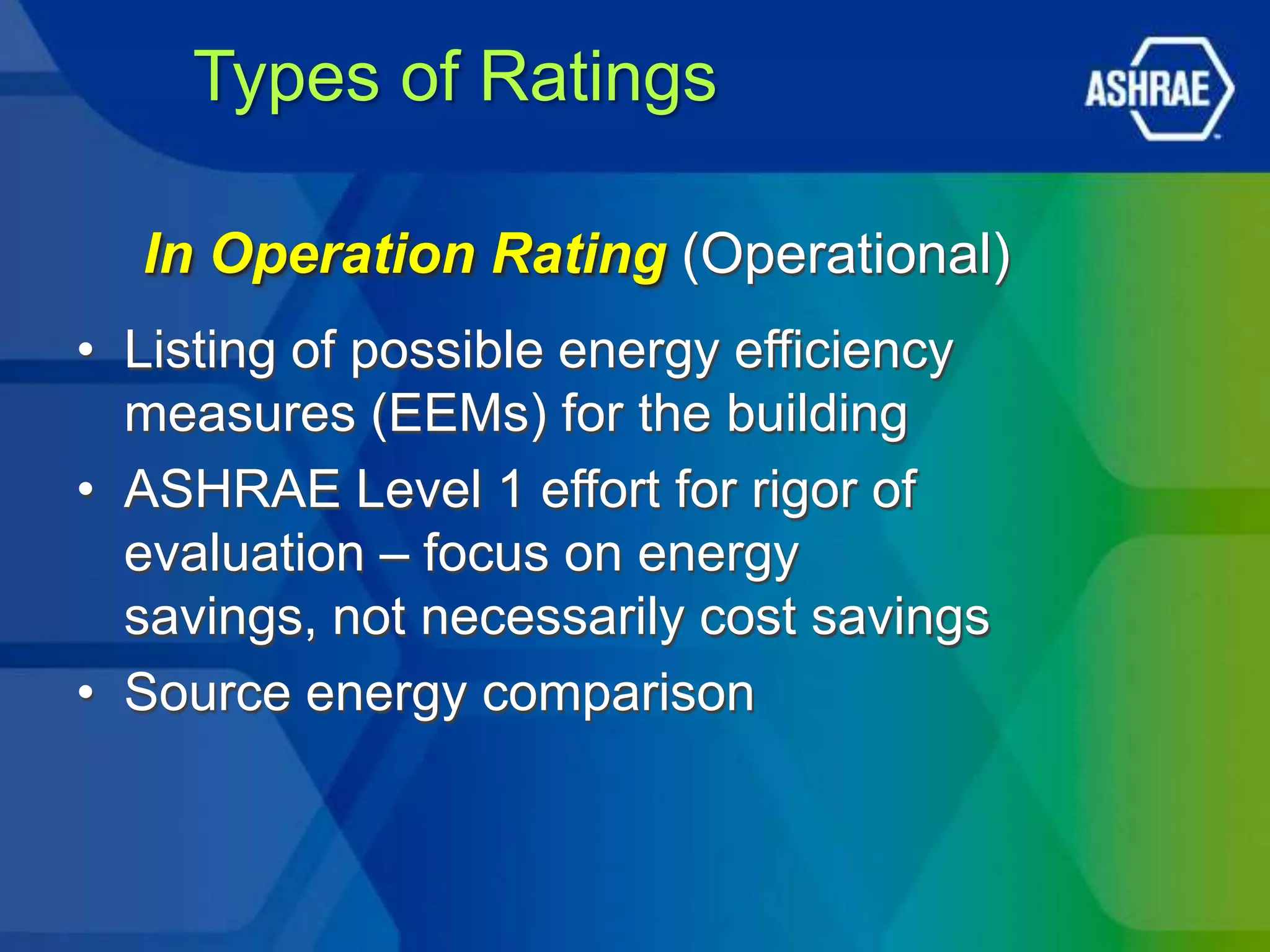 Types of Ratings

  In Operation Rating (Operational)
• Listing of possible energy efficiency
  measures (EEMs) for the building
• ASHRAE Level 1 effort for rigor of
  evaluation – focus on energy
  savings, not necessarily cost savings
• Source energy comparison
 