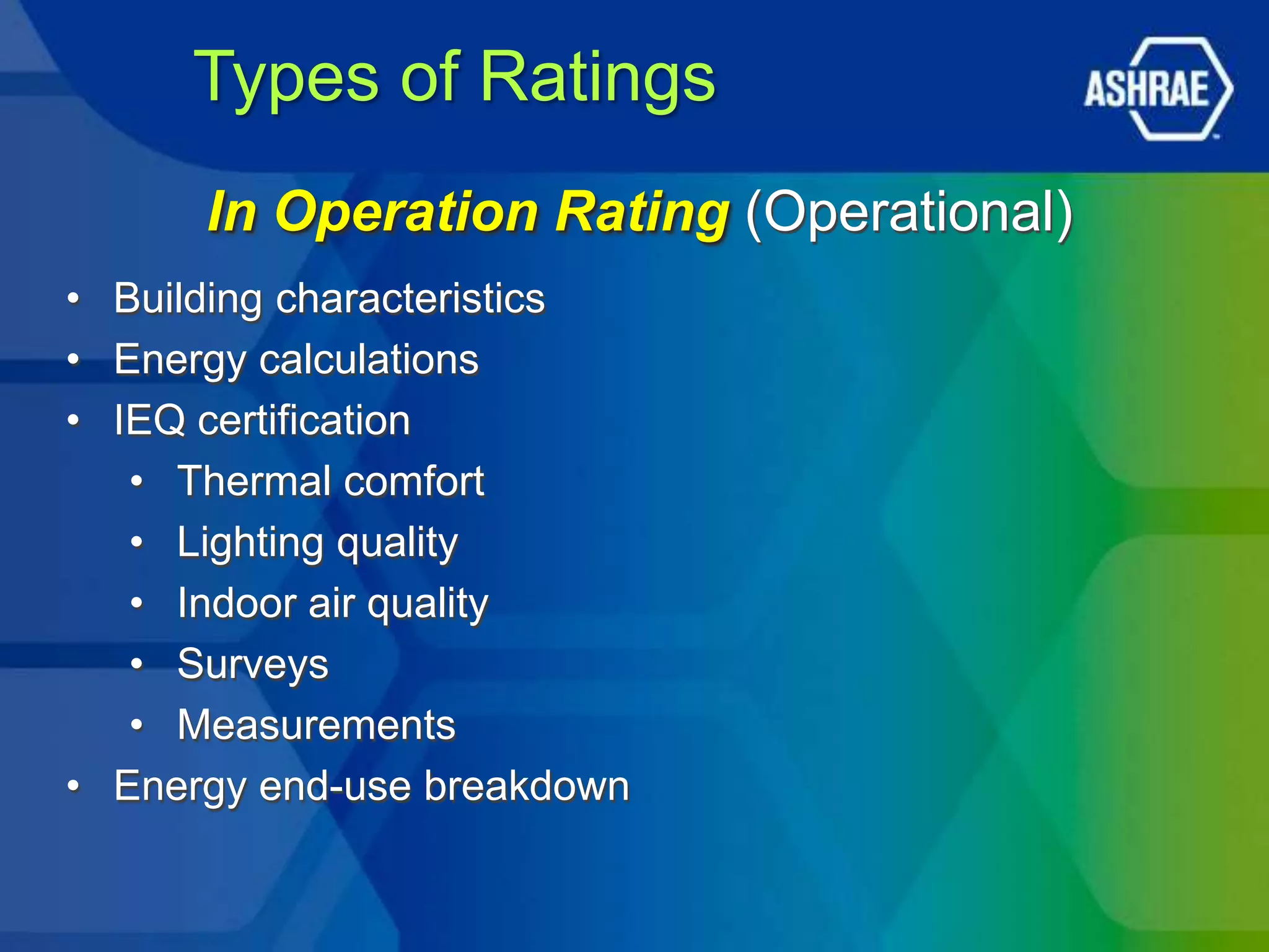 Types of Ratings
      In Operation Rating (Operational)
• Building characteristics
• Energy calculations
• IEQ certification
   • Thermal comfort
   • Lighting quality
   • Indoor air quality
   • Surveys
   • Measurements
• Energy end-use breakdown
 
